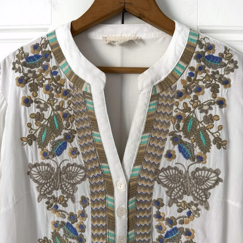 Luna Moon Floral Embroidered Tunic Top M Ivory Boho Sheer Roll Tab Sleeves Swim - Picture 2 of 11